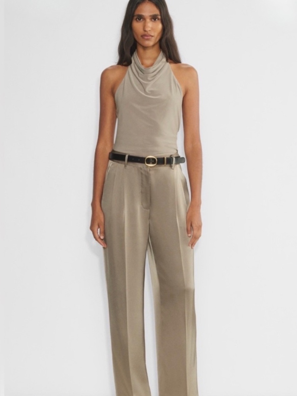 Aritzia Effortless Pants in Nomad Taupe Satin Wide Leg Trousers Size 12 - Picture 3 of 10